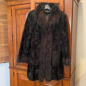 Womens Crushed Velvet, Faux Fur, Black Coat